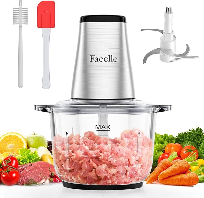 Food Processor, Facelle Meat Grinder 8-Cup Food Chopper Electric Vegetable Chopper 500W With 2L Glass Bowl & 4 Sharp Blades for Meat/Vegetable/Fruit/Nut/Baby Food