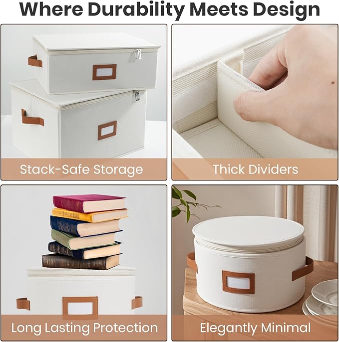 HOMELUX THEORY Plate Storage Box, 4pc Ivory Hard Shell China Storage Containers with 48 Felt Pads, Kitchen Storage Bins With Lids, Moving Box with Handles for Dishes, Dinner Plate & Platter