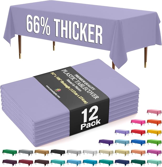 Exquisite 66% Thicker Premium Plastic Table Cloth Rectangle Table Cover 0.5 Mil 12 Pack Lavender Table Cloth 54 Inch x 108 Inch Disposable Tablecloth Won't Tear Easily Like Cheap Thin Brands