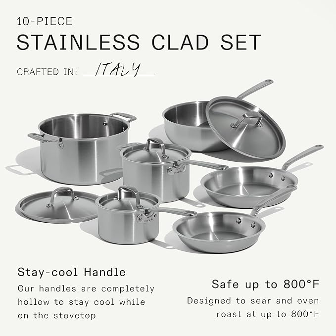 Made In Cookware - 10 Piece Stainless Steel Pot and Pan Set - 5 Ply Clad - Includes Stainless Steel Frying Pans, Saucepans, Saucier and Stock Pot W/Lid - Professional Cookware - Crafted in Italy