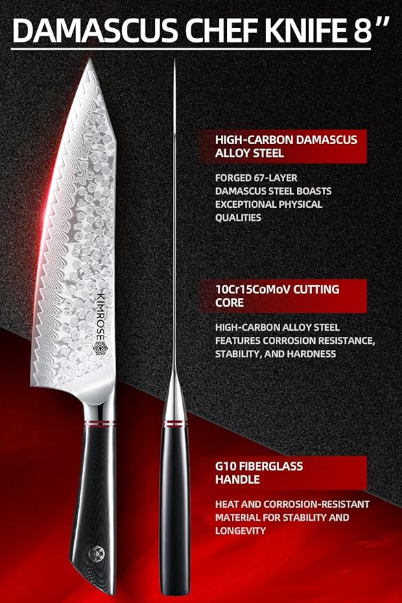 KIMROSE Damascus Chef Knife - 8 inch - High-Carbon Alloy Steel - G10 Handle - Magnetic Sheath - Razor Sharp Kitchen Knife - 10Cr15CoMoV Cutting Core - Gift Box