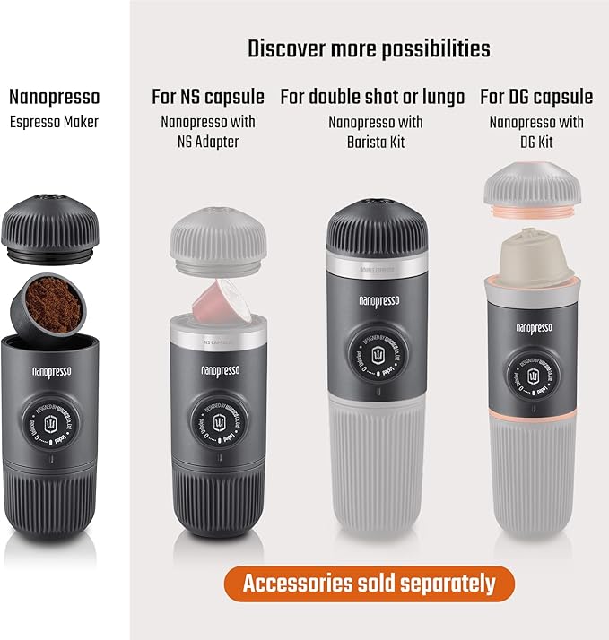 WACACO Nanopresso Portable Espresso Maker Bundled with Protective Case, 18 Bar Pressure, Portable Travel Coffee Maker, Manually Operated（Dark Soul Grey