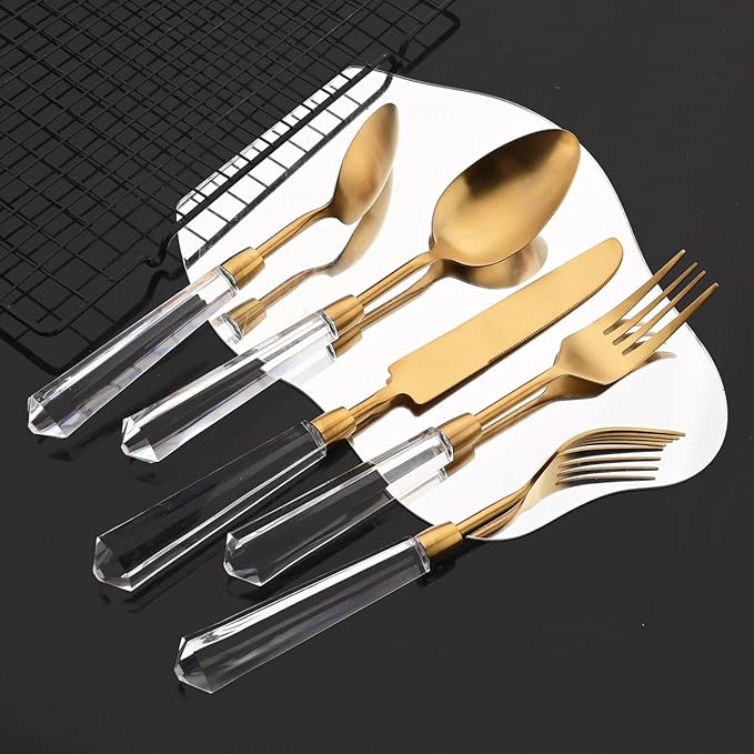 JASHII 5pcs Gold 304 Stainless Steel Flatware Cutlery Set with Transparent Acrylic Handle Diamond Shape, Matte Knife Fork Spoon Set, Dishwasher Safe for Home Wedding Hotel