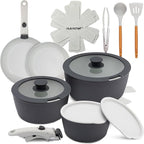 NutriChef 18-Piece Ceramic Cookware Set with Detachable Handles, Non Stick Pots and Pans, PTFE-Free Natural Ceramic Coating, Space-Saving Design, Oven & Stove Safe, Includes Utensils