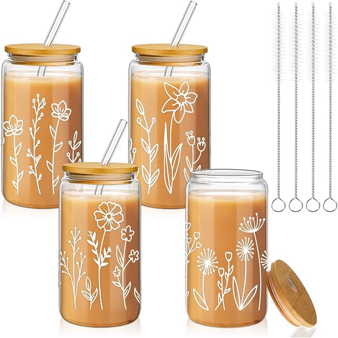 Mumufy 4 Pack Gift for Women Cute Glass Cup Tumbler Flower Iced Coffee Mugs 16 oz Glass with Bamboo Lid & Straw, Mothers Day Birthday Gift for Mom Sister Bridesmaid Baby Shower (Boho Floral)