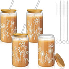 Mumufy 4 Pack Gift for Women Cute Glass Cup Tumbler Flower Iced Coffee Mugs 16 oz Glass with Bamboo Lid & Straw, Mothers Day Birthday Gift for Mom Sister Bridesmaid Baby Shower (Boho Floral)