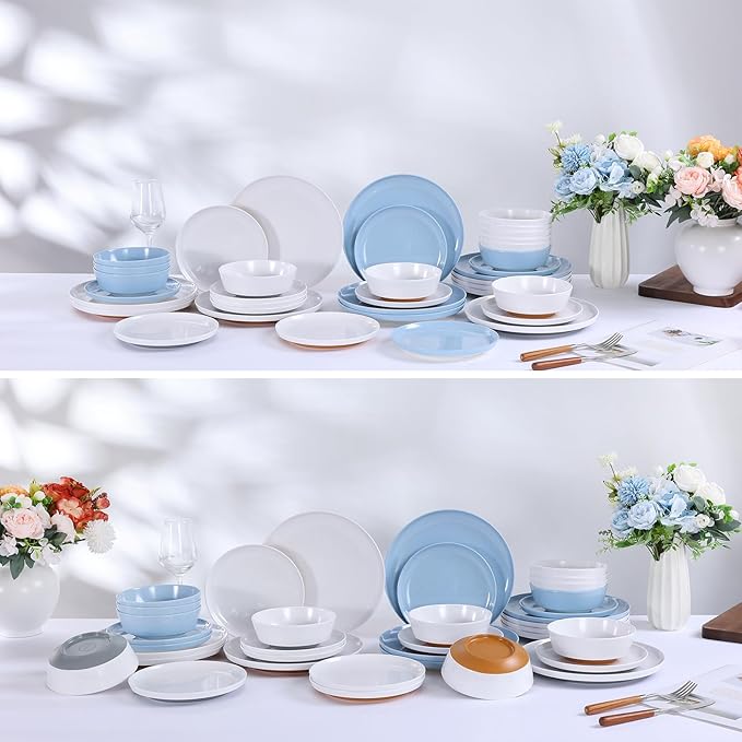 Webbylee 12-Piece Melamine Dinnerware Set - Unbreakable Plates & Bowls Set for 4, BPA-Free Lightweight Kitchen Dishes Idear for Camping, Picnic, Party,White & Brown