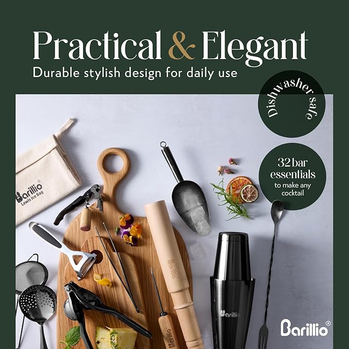 Barillio Bar Tool Set Pro Edition - Black Stainless-Steel Cocktail Shaker Set - Mixology Bartender Kit w/Boston Shaker, Drink Mixer & Muddler for Cocktails - Home Bar Accessories - 32-Pc Bar kit