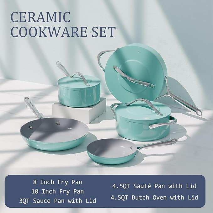 Ceramic Cookware Set Nonstick Pots and Pans Set 8 Pieces NonToxic PTFE/PFOA/PFAS Free All Cooktops Compatible Even Heat Distribution Oven Safe Up to 500°F, Caribbean Blue
