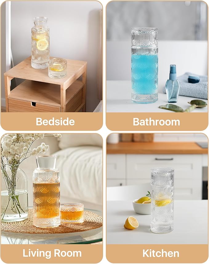 Bedside Water Carafe and Glass Set, Mouthwash Dispenser for Bathroom, 21.6 Oz Glass Water Bottles with 6 Oz Drinking Cup as Lid, Pitcher for Nightstand, Kitchen (Clear)