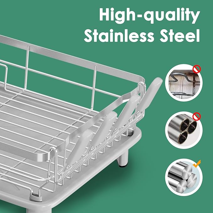MOUKABAL Dish Drying Rack - Stainless Steel Dish Rack, Dish Racks for Kitchen Counter, Drying Rack Kitchen with Removable Utensil Holder, Drainboard and Glass Organizer (Grey)