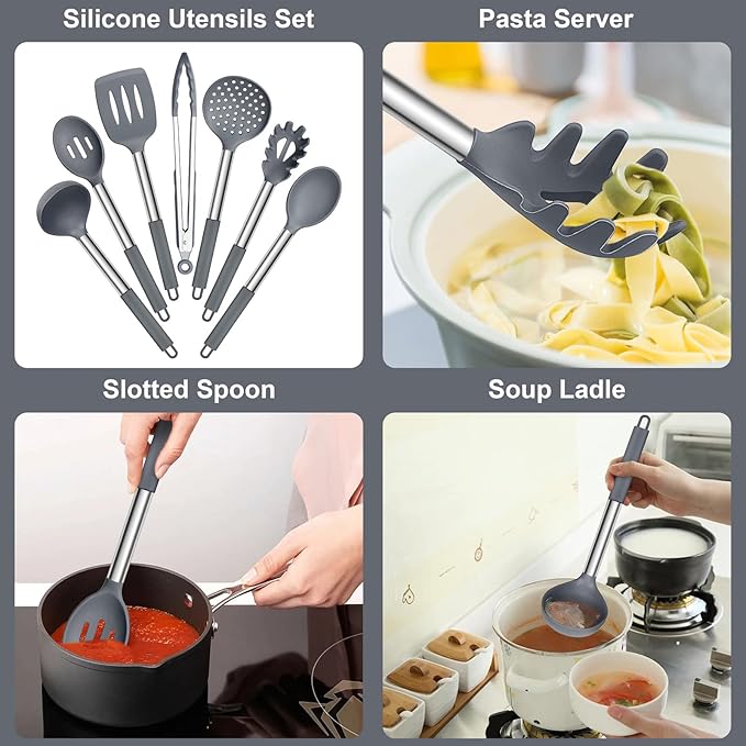 E-far Silicone Cooking Utensils Set, 7 Pcs Heat Resistant Kitchen Utensils with Stainless Steel Handle, Slotted Turner, Spoon, Soup Ladle, Pasta Server, Skimmer, Tongs for Nonstick Cookware, Gray