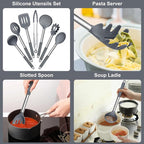 E-far Silicone Cooking Utensils Set, 7 Pcs Heat Resistant Kitchen Utensils with Stainless Steel Handle, Slotted Turner, Spoon, Soup Ladle, Pasta Server, Skimmer, Tongs for Nonstick Cookware, Gray