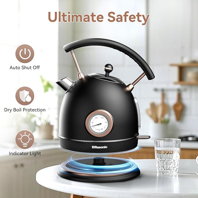 Rasonic Retro Electric Kettle Stainless Steel, 1.8L Tea Water Boiler, 1500W Fast Quiet Boil, Temperature Gauge, Auto Shut-Off, Boil-Dry Protection, Matt Black and Rose Gold