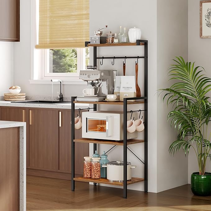 HOOBRO Kitchen Bakers Rack with Storage, 4 Tiers Coffee Bar Station, Microwave Stand with 8 S-Shaped Hooks, Kitchen Storage Shelf Rack for Small Spaces, Rustic Brown and Black BF04HB01