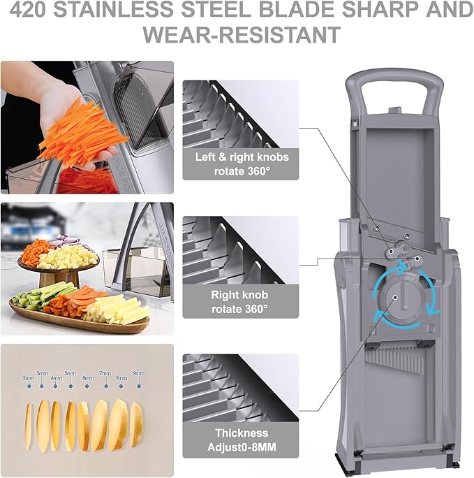 [All in 1] Upgraded Version Safe Mandoline Slicer for Kitchen, Adjustable Thickness. and Spiralizer, Veggie Slicer, Rapid Prep Mandoline, Detachable Blade, Cleaning Brush (High-grade Gray)