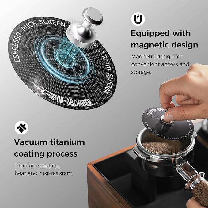 MHW-3BOMBER 58mm Espresso Puck Screen - 0.2mm Ultra Thin Espresso Puck - Metal Reusable Coffee Filter for Portafilter Basket 58mm - Puck Screen with Titanium Coating FG7046B-OS