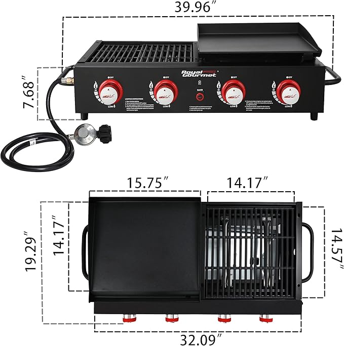 Royal Gourmet GD4002T 4-Burner Tailgater Grill and Griddle Combo, Portable Flat Top Propane Gas Grill with 40,000 BTUs Output for Backyard or Outdoor Cooking, Black