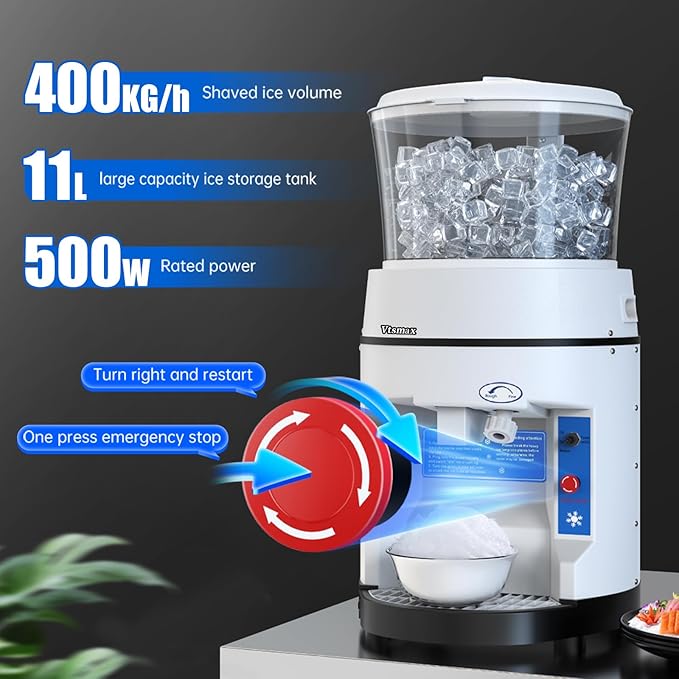400W Commercial Snow Cone Machine with Safety Switch & Emergency Button, 1058lbs/ Hr Rotate Speed & Strong Power Tabletop Electric Shaved Ice Machine for Parties Events Snack Bar(12.6Qt)