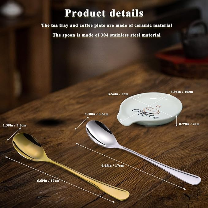 Coffee Spoon Rest with spoon, Mini Coffee Spoon Holder for Coffee Stirrers, Teaspoon, Coffee Bar Accessories, (White Coffee Spoon Rest with Pattern & Silver Ellipse Spoon)