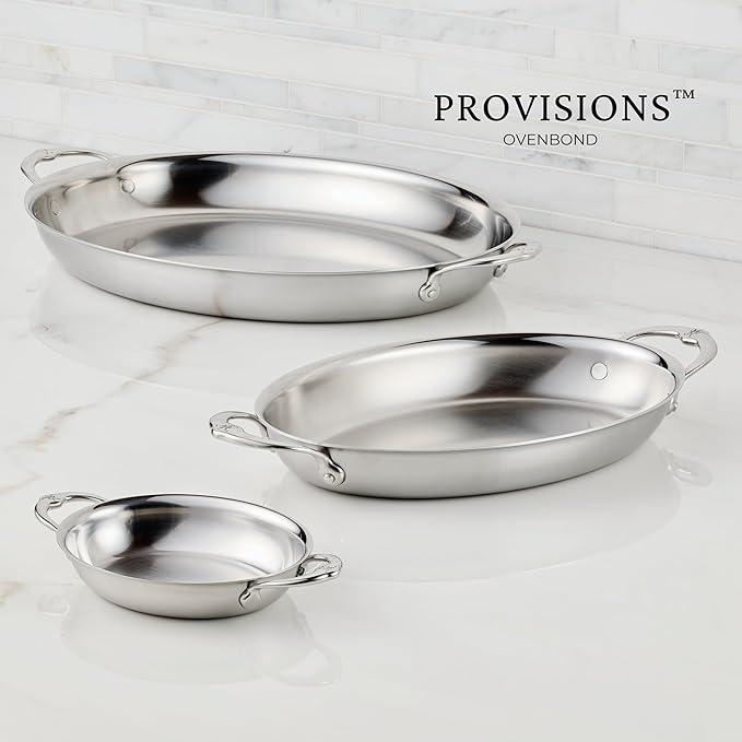 Hestan OvenBond Provisions - Oval au Gratin Dishes Stainless Steel, Set of 2, (13 Ounce), Small (6.5" x 5.5")