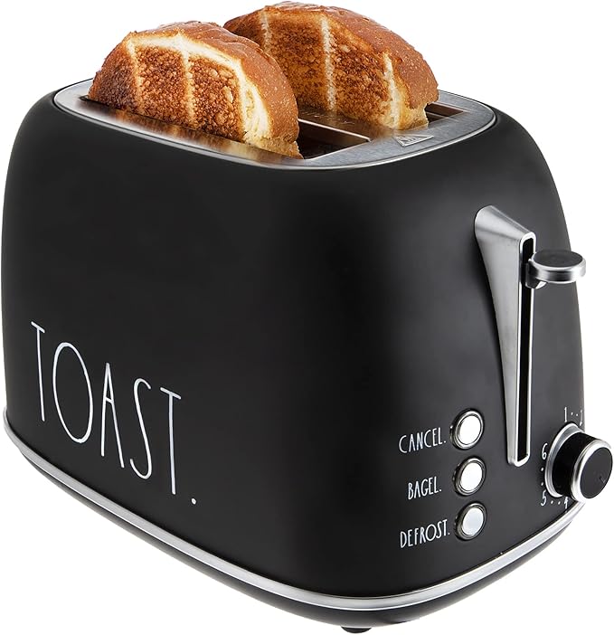 Rae Dunn Retro Rounded Bread Toaster, 2 Slice Stainless Steel Toaster with Removable Crumb Tray, Wide Slot with 6 Browning Levels, Bagel, Defrost and Cancel Options, Black