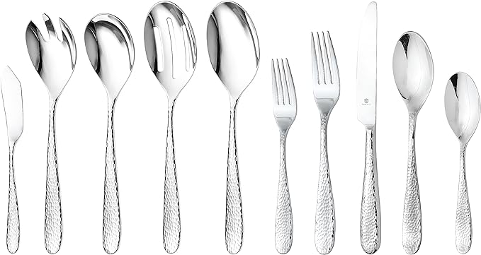 Hammered Silverware Set with Serving Utensils, 18/10 Stainless Steel Flatware for 8, Dishwasher Safe, Mirror Finish, Heavy-Duty, Built to Last (45-Piece Including a Serving Set, Fidenza Hammered)