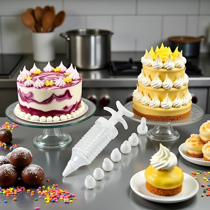 A Set Pipe Nozzles with Syringe, 8Pcs Plastic Cream Baking Piping Nozzle Dispenser Icing Pastry Tips Tube Decoration Tool