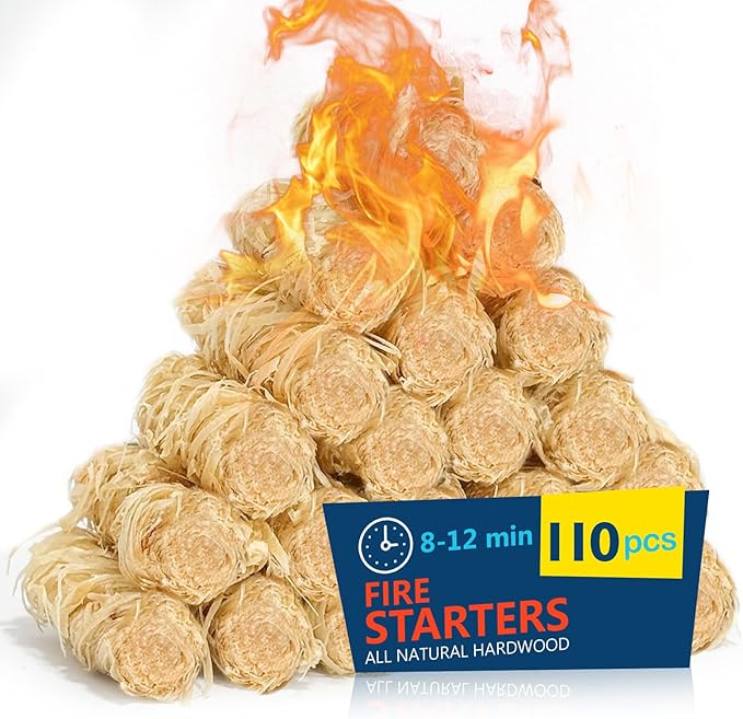 Fire Starter 110Pcs - Extra Long 12min Natural Fire Starters for Grill, Fireplace, Camping & Survival Kit | Waterproof, Odorless, Safe for BBQ/Pizza Oven/Chimney (Indoor & Outdoor)
