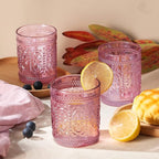6 Pack Pink Vintage Glassware Set, 10oz Romantic Drinking Glasses, Colored Water Glasses, Pink Embossed Glass Cups for Juice, Cocktails, Beer, Iced Tea, Soda
