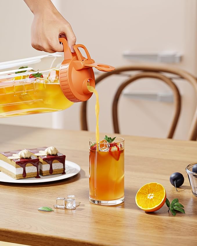 Glass Pitcher with Airtight Lid and Spout, 64oz Glass Mason Jar | Wide Mouth | Leakproof | Water Jug for Juice, Sun Iced Tea, Cold Brew Coffee, Milk Storage, Orange