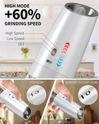 CIRCLE JOY 2-Speed Gravity Electric Pepper Grinder, Rechargeable Salt Grinder Pepper Mills, Adjustable Coarseness, White LED Light, 135ML Large Capacity, Silver