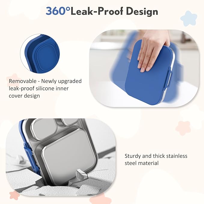 Stainless Steel Bento Box Kids, Leak Proof Metal Bento Lunch Box,3 Compartments 304 Stainless Steel Bento Lunch Containers for School and Office,Dishwasher Safe, BPA-Free(Blue)