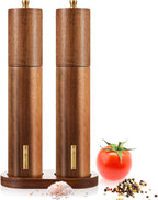 Wooden Salt and Pepper Grinder Set 11.8 Inch Manual Salt and Pepper Mill with Tray Adjustable Coarseness and Refillable Wood Grinders with Gold Bottle Label for Kitchen(Wood Color)