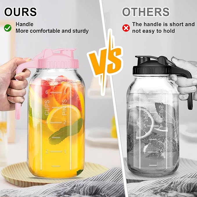 Mason Jar Pitcher, 64 OZ Breast Milk Pitcher Double Leak Proof with Pour Spout Handle, Wide Mouth Iced Tea Pitcher for Fridge, Creamer Container for Coffee, Sun Tea juice (Pink,1 Pack)