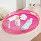 Acrylic Serving Tray with Handles Large Decorative Ottoman Tray 17x13'' Round for Bathroom Food Coffee Fruit Snack Tea Dinner Living Room, Neon Pink