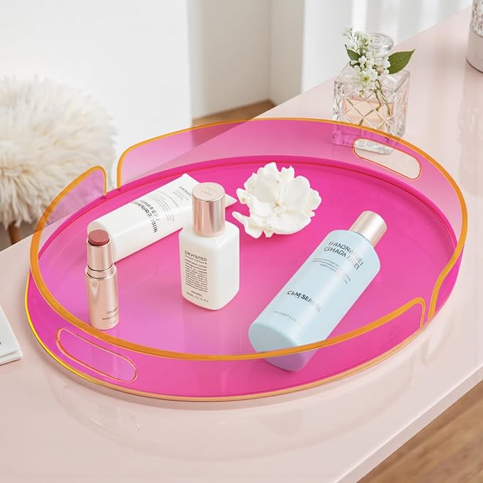 Acrylic Serving Tray with Handles Large Decorative Ottoman Tray 17x13'' Round for Bathroom Food Coffee Fruit Snack Tea Dinner Living Room, Neon Pink