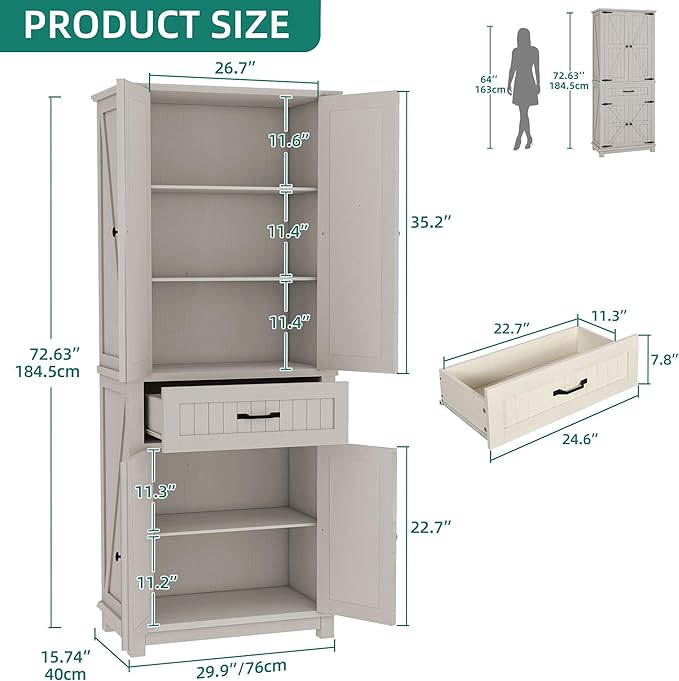 YITAHOME 72.6" H Farmhouse Kitchen Pantry Cabinet, Freestanding Tall Storage Cabinet with 4 Doors, Drawer and Adjustable Shelves, Tall Cupboard for Dining Room, Living Room, White Oak