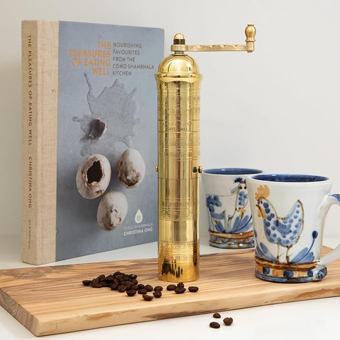 Original Greek Coffee Mill, 10.5-Inch Brass – European Manual Coffee Grinder, Refillable, with Polishing Cloth