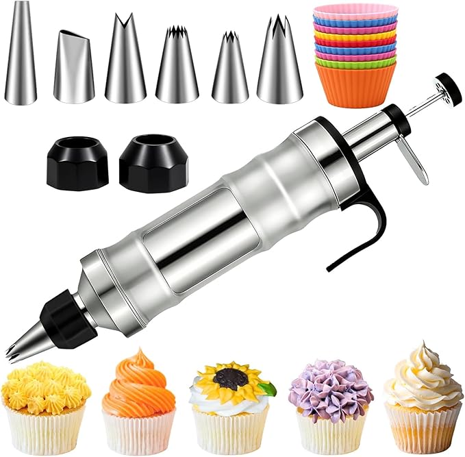 Suuker Dessert Decorating Syringe Set, Frosting Piping Kit Stainless Steels Cake Decorating Tools with 6 Icing Tips Cupcake Decorating Kit