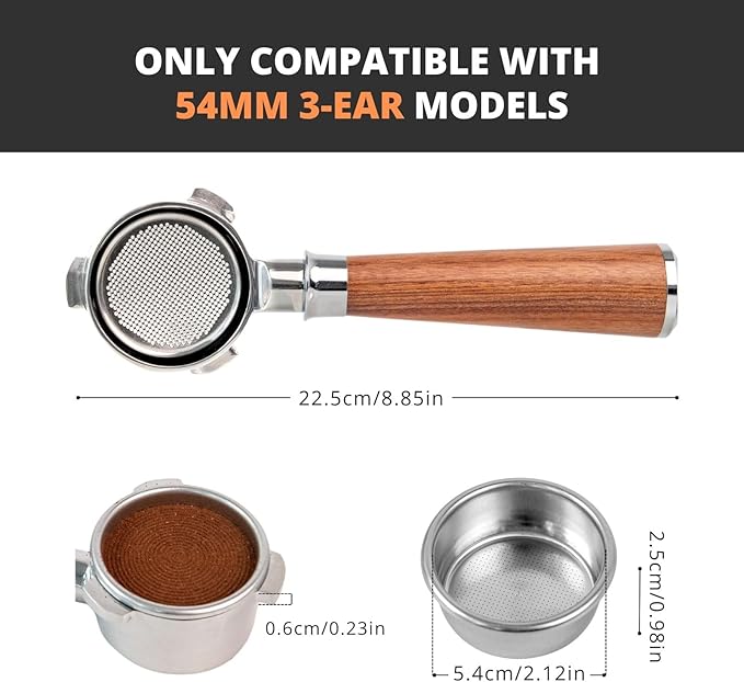 54mm Bottomless Portafilter with 3 Ear, Barista Espresso Portafilter with Stainless Steel Basket and Rosewood Handle, Compatible with Breville 54mm Espresso Machines (Red Rosewood)