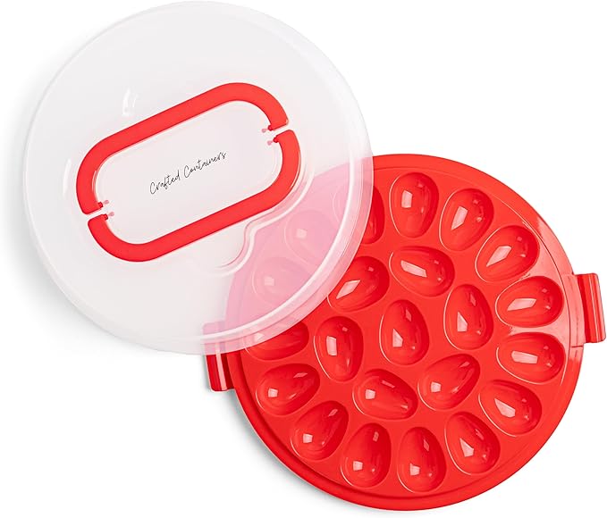 Classy Deviled Egg Carrier with Lid & Handles - Tray Platter for Holidays, Parties - Portable Container for 22 Eggs - Dishwasher-Friendly - Red