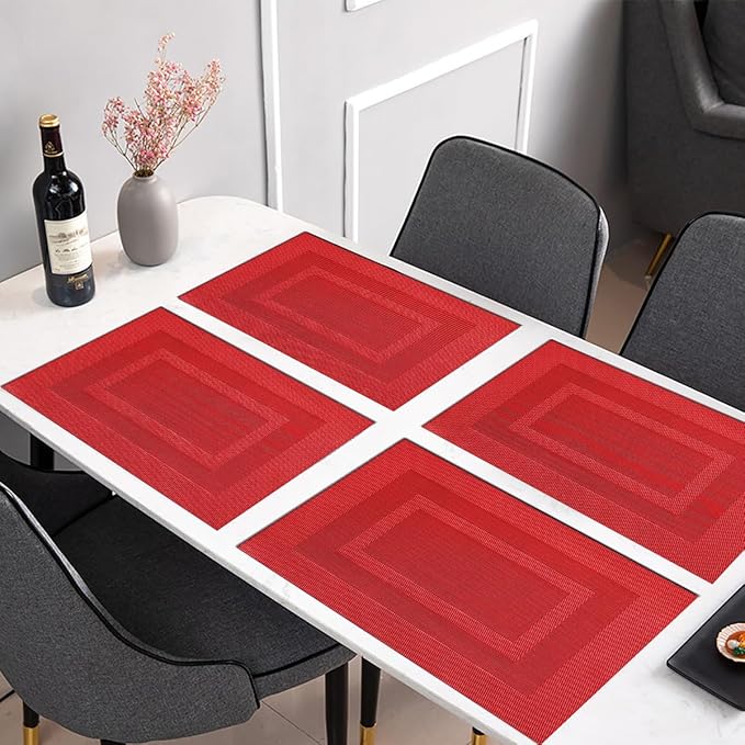 PIGCHCY Vinyl Placemats Set of 12 Washable Durable Kitchen Easy to Clean Plastic Placemats for Dining Table (Passionate Red)