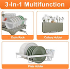 Dish Drying Rack, 2 -Tier 304 Stainless Steel Adjustable Spout Auto-Draining Dish Rack, Space Saving Dish Drainer with Drainboard and Utensil Holder for Kitchen Counter Grey