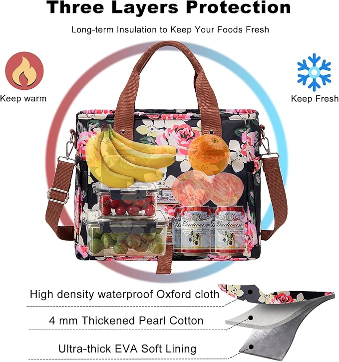 Weitars Lunch Bag for Women,Leak Proof Lunch Box for Work,Insulated Large Lunch Tote Bag with Removable Shoulder Strap, Lunch Bag For Picnic Hiking