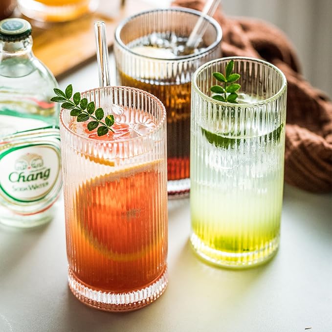 Vintage-Style 16oz Tall Drinking Glasses: Set of 6 Ribbed Glassware with Lids and Straws - Perfect for Cocktails, Smoothies, Juice, Beer, and Coffee - Versatile Design for All-Occasions (6Pcs)