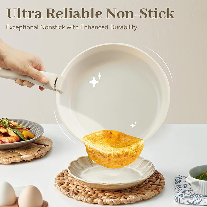 5PCS Pots and Pans Set Non Stick, Kitchen Cookware Sets with Detachable Handle, Induction Cookware Sets, Non Stick RV Cookware Cooking Set, Dishwasher ＆ Oven Safe, PFOA Free, Cream White