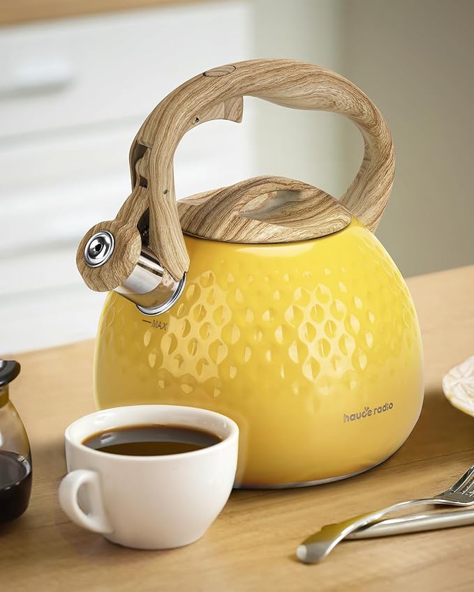 Tea Kettle, Stovetop Teapot, 2.5 Quart, Loud Whistle, Food Grade Stainless Steel and Smooth Wood Pattern Handle, Sophisticated Look for Hiking, Picnic, for Tea, Coffee, (Yellow)