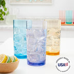 US Acrylic Classic Plastic Reusable Drinking Glasses (Set of 6) 24oz Iced Tea Cups Assorted Colors | BPA-Free Tumblers, Made in USA | Top-Rack Dishwasher Safe