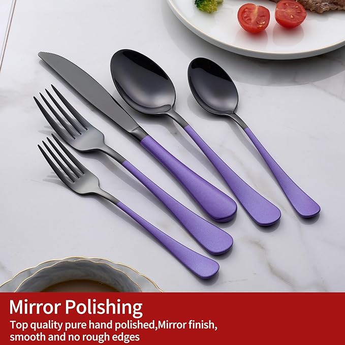 20-Piece Black Silverware Set 18/0 Stainless Steel Flatware Purple Handle Cutlery Set Service for 4 Dinner Knives Forks Spoons Set Mirror Finish Dishwasher Safe